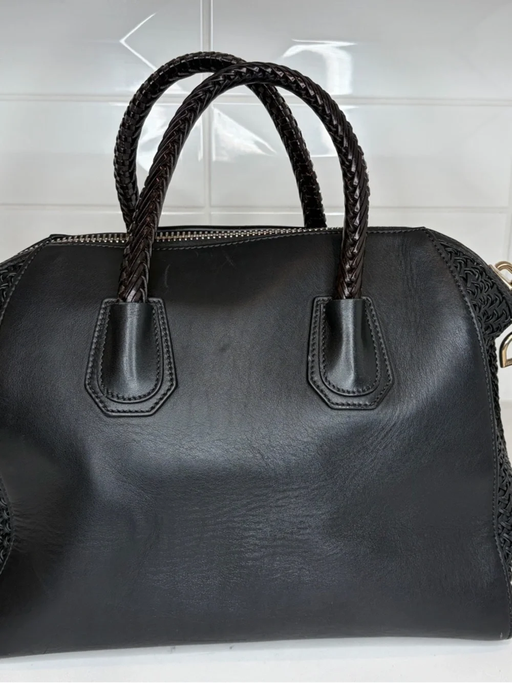Givenchy Antigona Medium Black Leather Satchel Woven Panel